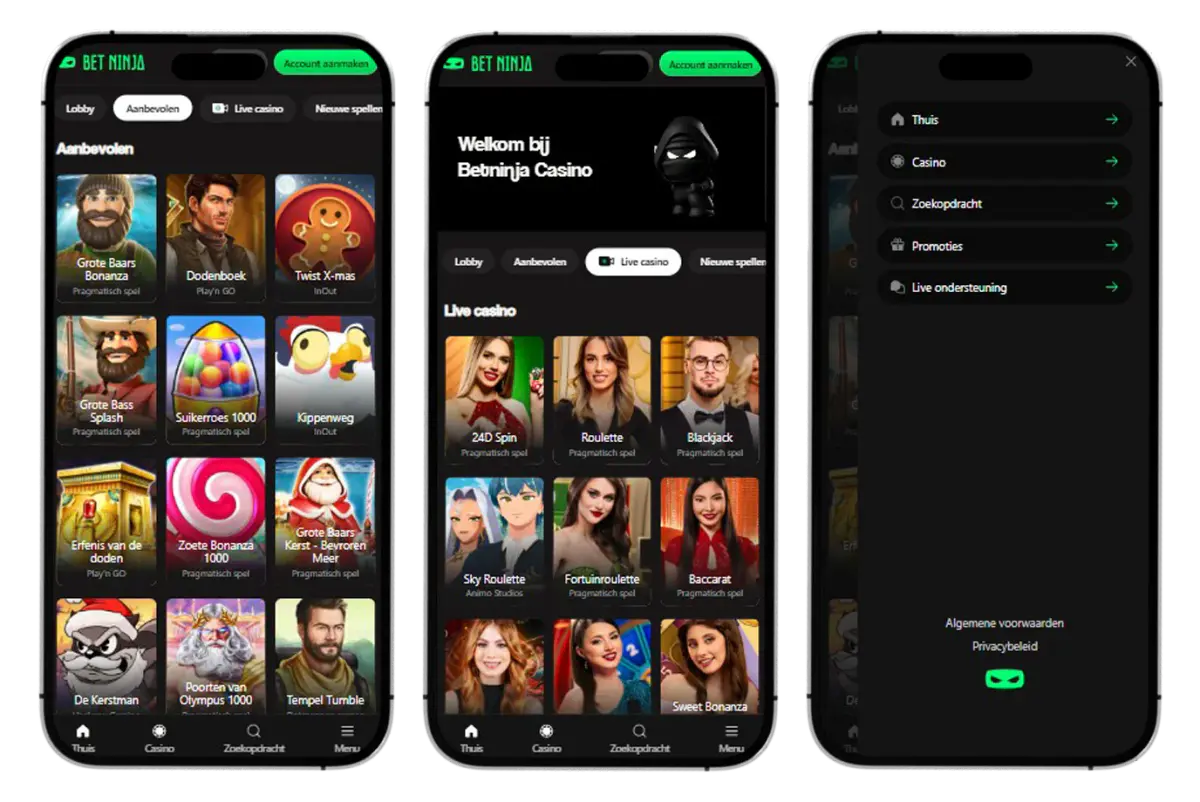 Betninja casino mobiele interface en spellen op een smartphone scherm