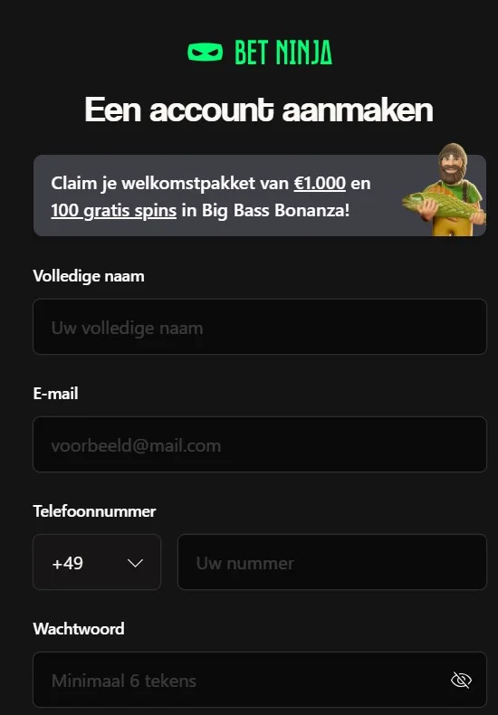 Betninja casino registratieformulier voor het aanmaken van een account