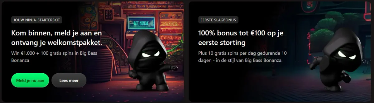 Betninja casino welkomstbonus banner met 100% bonus en gratis spins